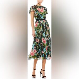 FLORAL ILLUSION CAP SLEEVE MIDI DRESS Size 8 COLOR — Black Multi New With Tags